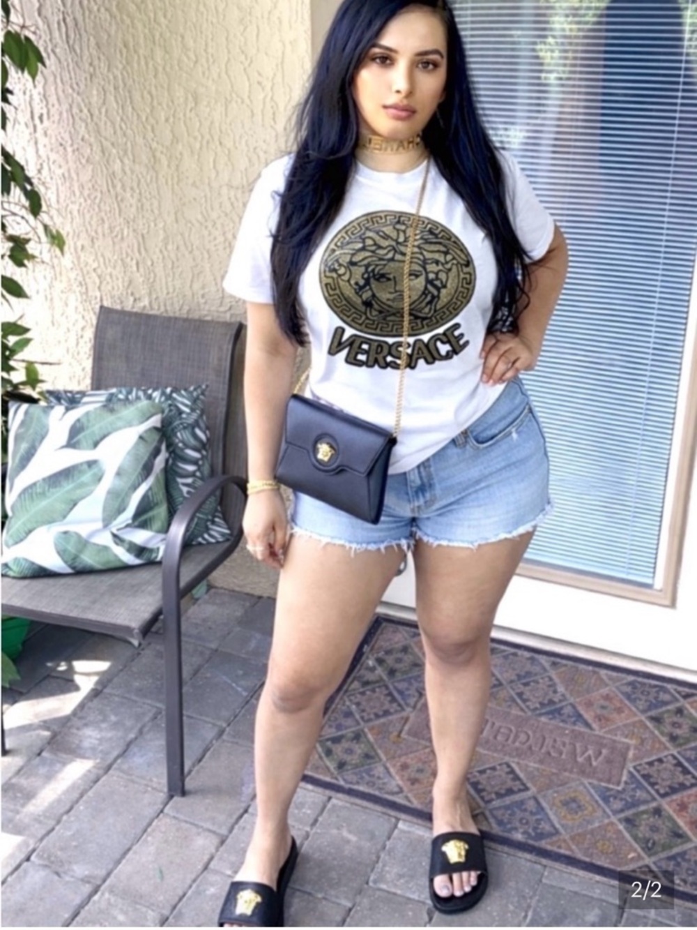 NEW-White Tee with Gold Medusa Emblem - Women